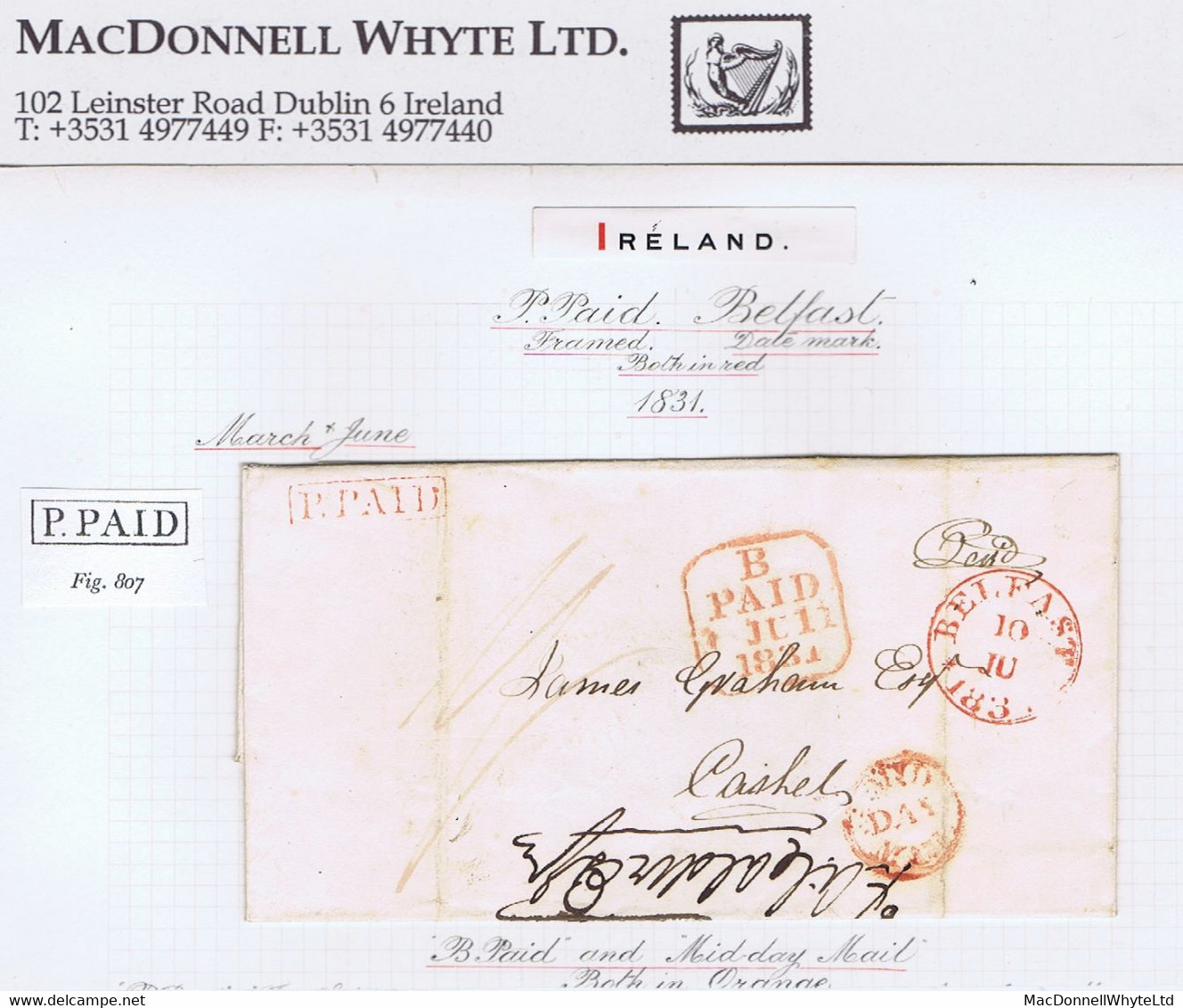 Ireland Belfast 1831 Cover To Cashel With Boxed Hs P.PAID Of Belfast In Black, BELFAST 1831 Cds For 10 JU, MID/DAY/MAIL - Prephilately