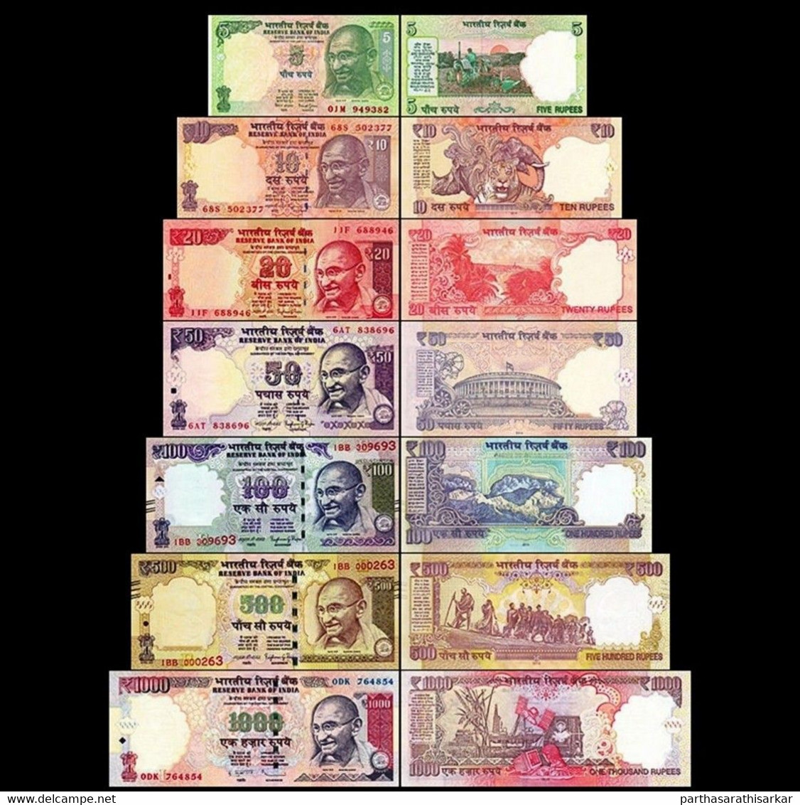 INDIA 7 PCS BANKNOTES SET 5RS,10RS 20RS 50RS, 100RS 500RS AND 1000RS RANDOM YEAR, UNC OLD NOTES (TOTAL 1685 RUPEES) - India