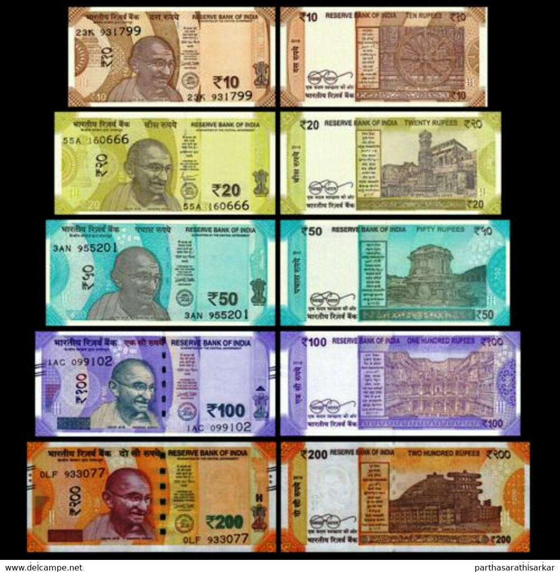 INDIA 5 PCS NEW BANKNOTES SET 10RS, 20RS, 50RS, 100RS AND 200RS  RANDOM YEAR UNC NOTES (TOTAL 380 RUPEES) - Inde