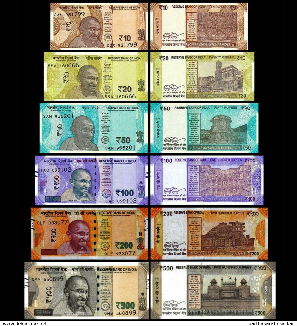 INDIA 6 PCS NEW BANKNOTES SET 10RS, 20RS, 50RS, 100RS, 200RS AND 500RS  RANDOM YEAR UNC NEW NOTES (TOTAL 880 RUPEES) - Inde