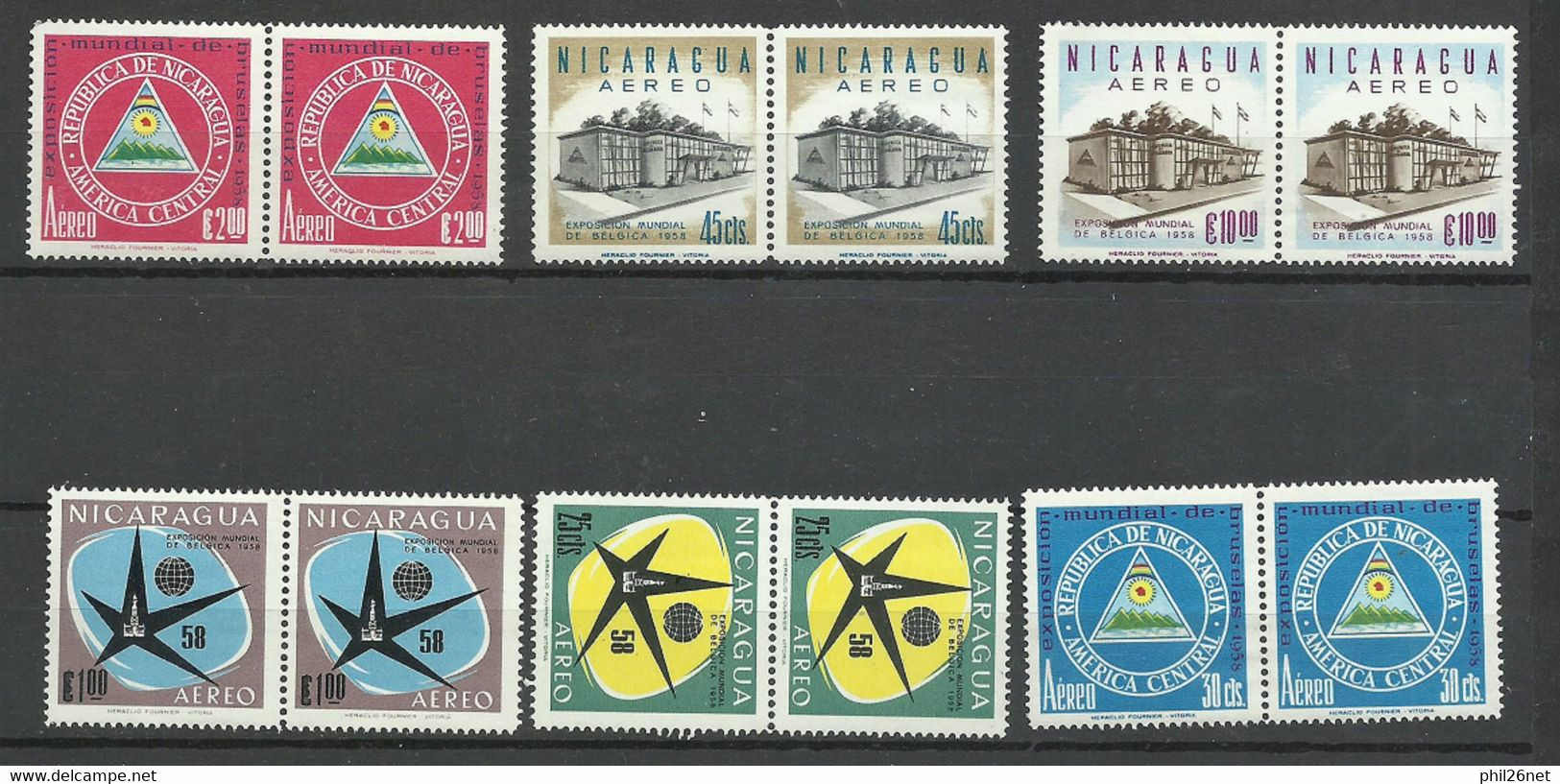 Nicaragua    Paires N° 375 à 380 Exposition Universelle De Bruxelles 1958 Neufs  * *  B/TB   Voir Scans  Soldé  ! ! ! - 1958 – Bruxelles (Belgique)