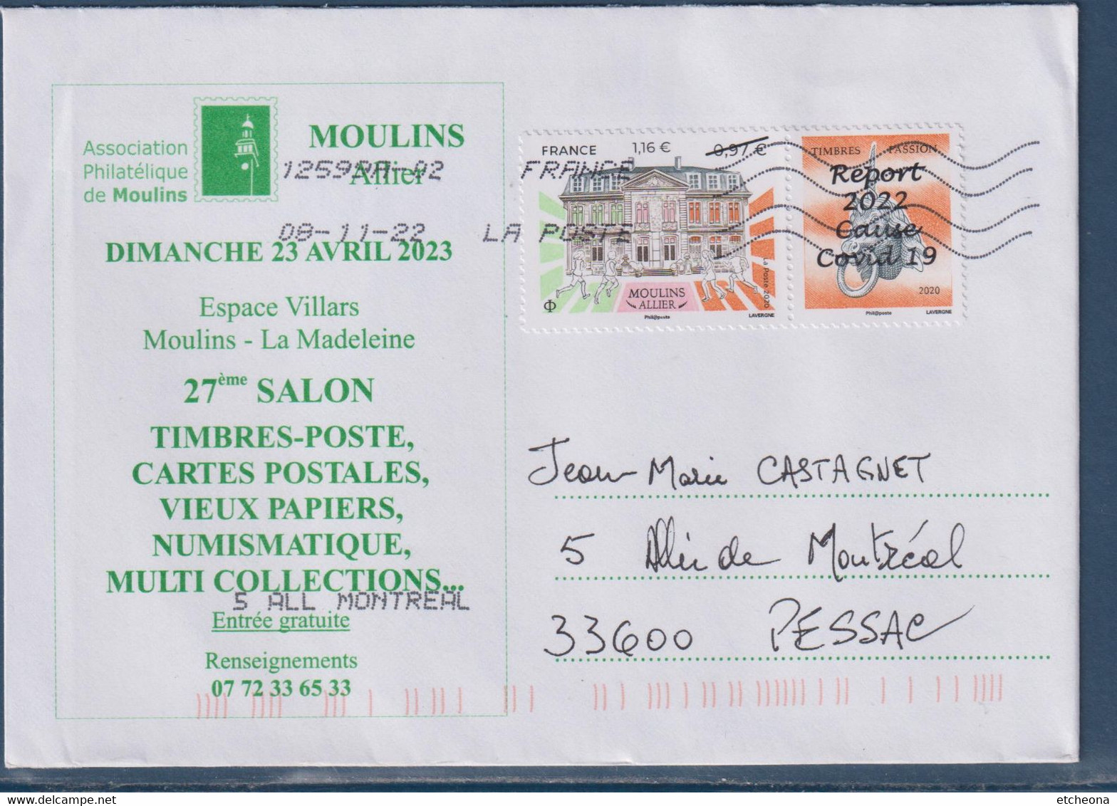 Moulins (Allier) Timbre 5437 De 2020 Surchargé 1.16€ Sur 0.97€ Le 30.10.22 Report Manifestation Timbres Passion - 2020-…