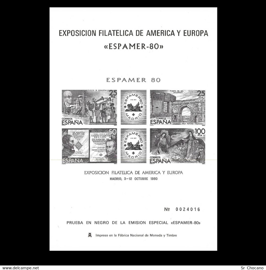 PRUEBA OFICIAL.Edifil 3.EXPAMER 80.Expo Filatélica América Europa. - Fogli Ricordo