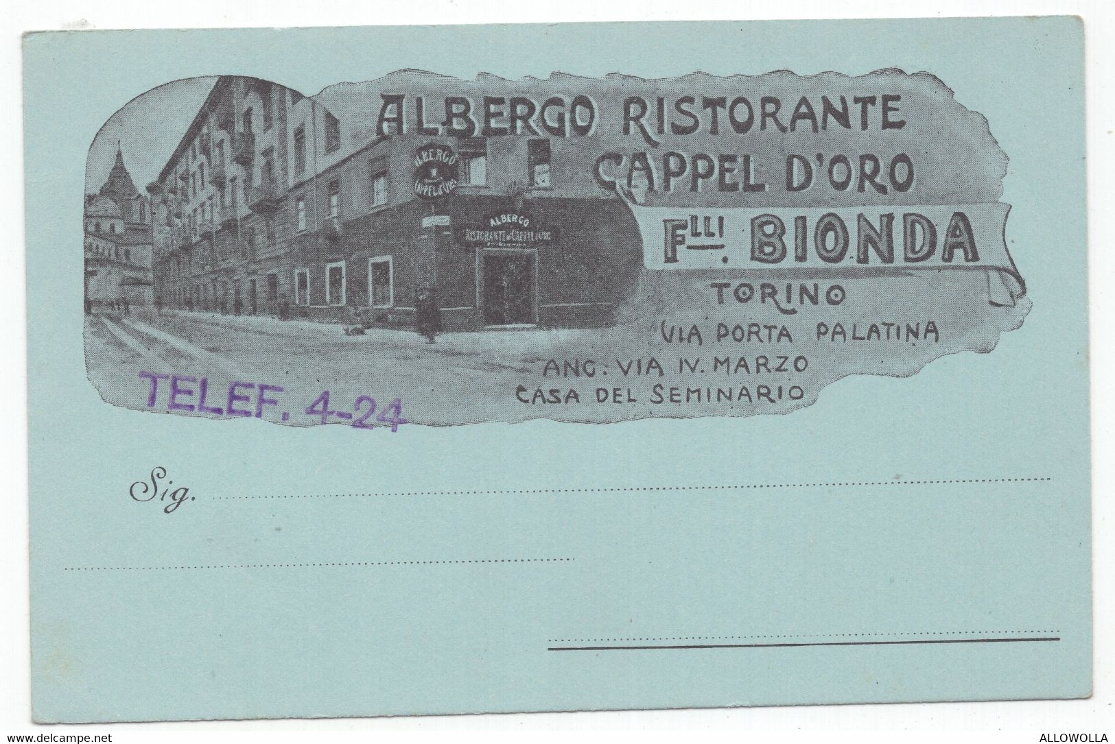 18507 " ALBERGO RISTORANTE CAPPEL D'ORO-F.LLI BIONDA-TORINO "VERA FOTO-CART. POST. NON SPED. - Bars, Hotels & Restaurants