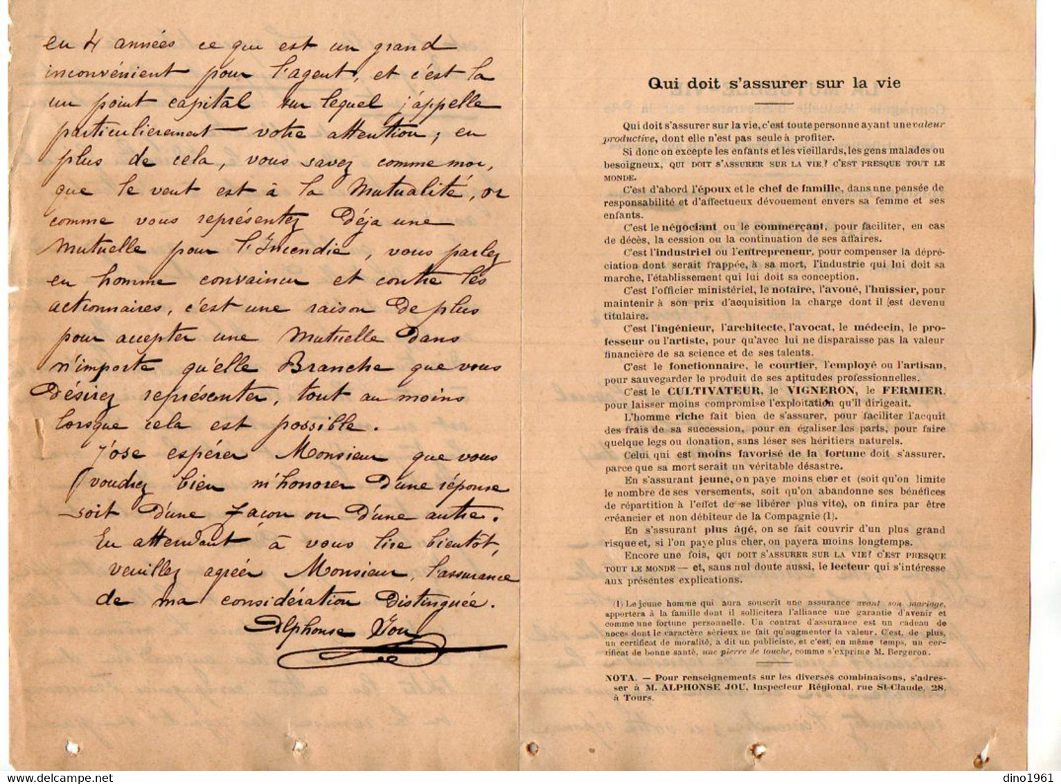 VP20.877 - 1897 - Lettre & Pub ¨ LA MUTUELLE - VIE ¨ Directeur Mr A. JOU à TOURS Pour Mr TESSIER à LA ROCHE SUR YON - Banco & Caja De Ahorros