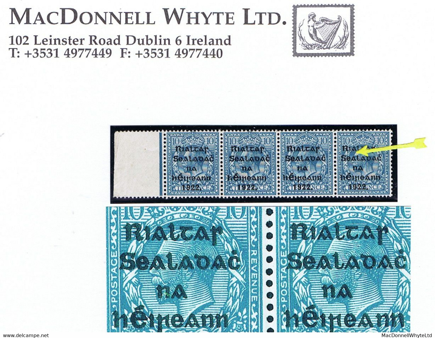 Ireland 1922 Thom Rialtas Ovpt In Blue-black On 10d, Var. "R Over Se" Four Times In A Marginal Strip Of 4 Fresh Mint - Ungebraucht