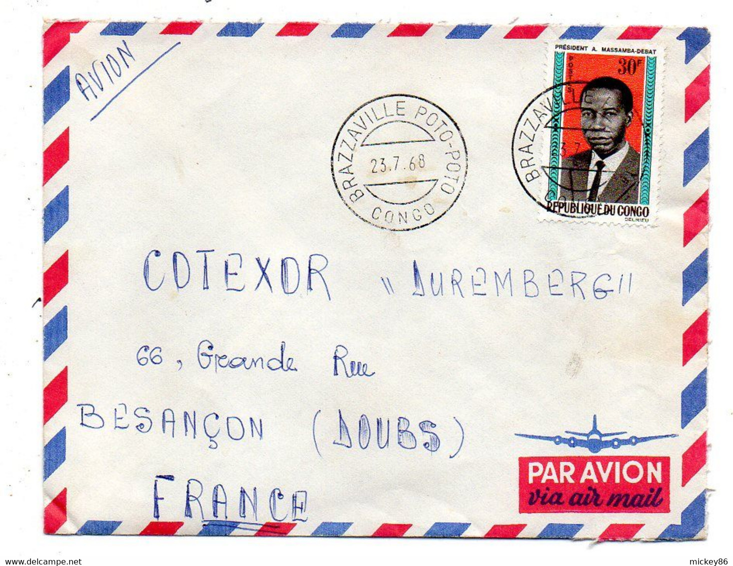 Congo -1968 -Lettre De BRAZZAVILLE POTO-POTO  Pour   Besançon-25  ( France)..tp  Président Seul Sur Lettre......à Saisir - Andere & Zonder Classificatie