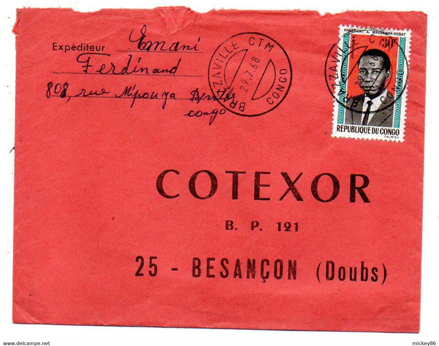 Congo -1968 -Lettre De BRAZZAVILLE  CTM   Pour   Besançon-25  ( France)..tp  Président Seul Sur Lettre......à Saisir - Altri & Non Classificati