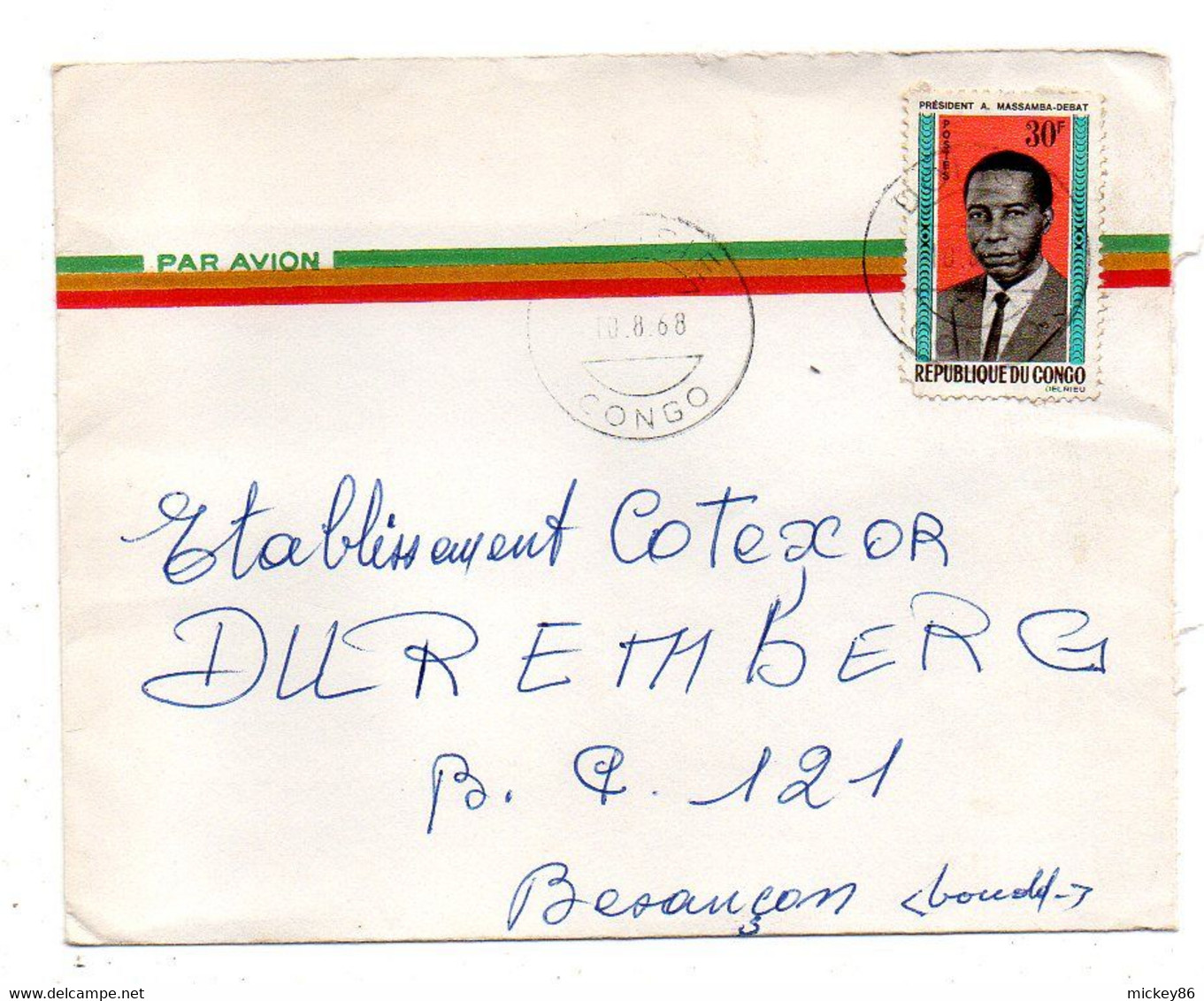 Congo -1968 -Lettre De  DOLISIE    Pour   Besançon-25  ( France)..tp  Président  Seul Sur Lettre......à Saisir - Otros & Sin Clasificación