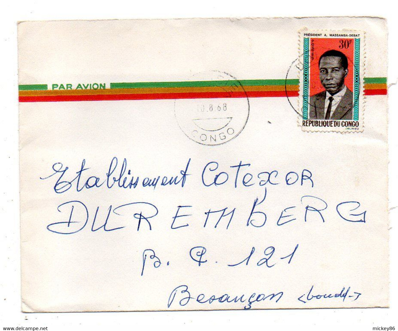 Congo -1968 -Lettre De  DOLISIE    Pour   Besançon-25  ( France)..tp  Président  Seul Sur Lettre......à Saisir - Autres & Non Classés