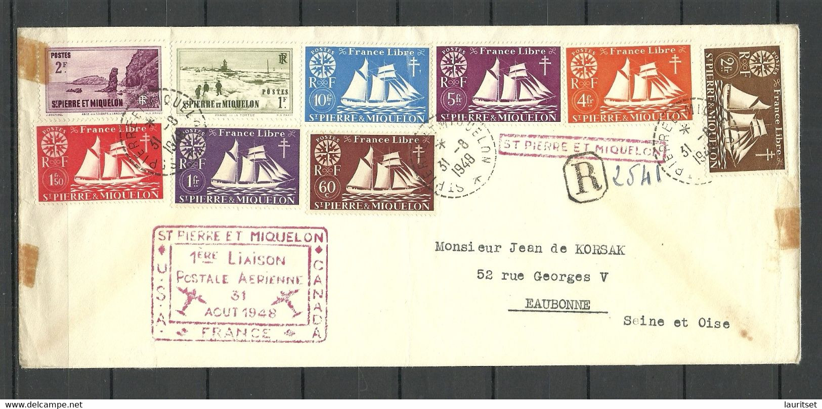 ST PIERRE ET MIQUELON 1th August 1948 Registered First Flight Cover France Libre Ship Etc. - Cartas & Documentos