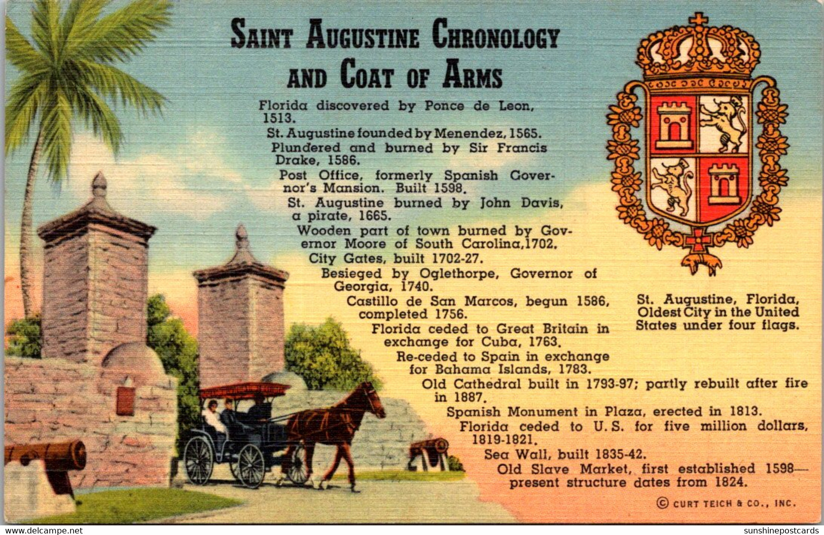 Florida St Augustine Chronology And Coat Of Arms Curteich - St Augustine