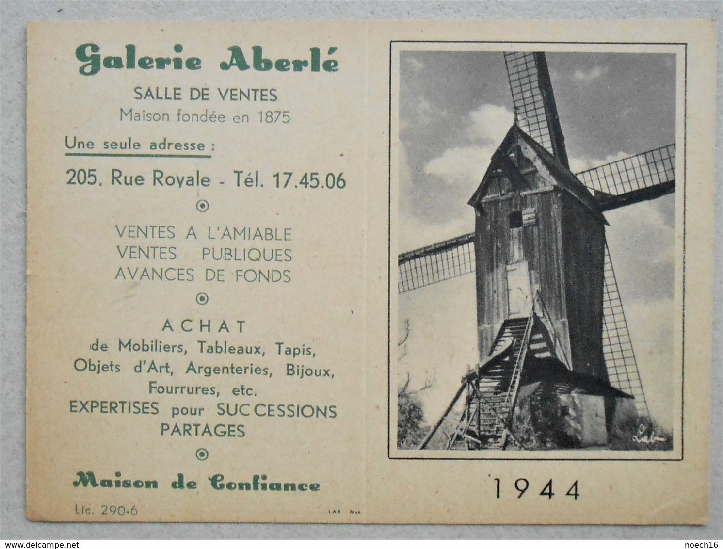 Calendrier De Poche 1944 - Galerie Aberlé, Salle De Ventes, Rue Royale, Bruxelles - Klein Formaat: 1941-60