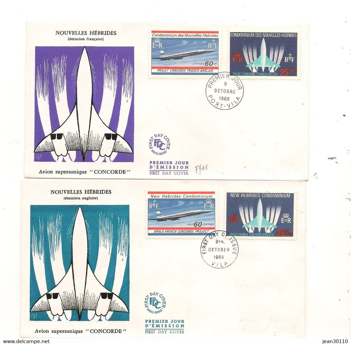 NOUVELLES HÉBRIDES 8 OCT 1968 ENVELOPPES 1ER JOUR EMISSION FRANÇAISE ET ANGLAISE PROJET CONCORDE - Cartas & Documentos