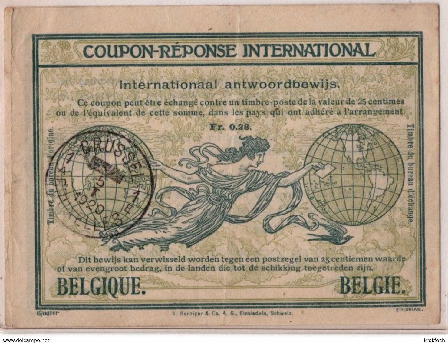 Coupon-réponse Type Rome Avec BELGIQUE BELGIE - Brussel 1920 - IRC CRI IAS - !! Trace De Pli - Coupons-réponse Internationaux