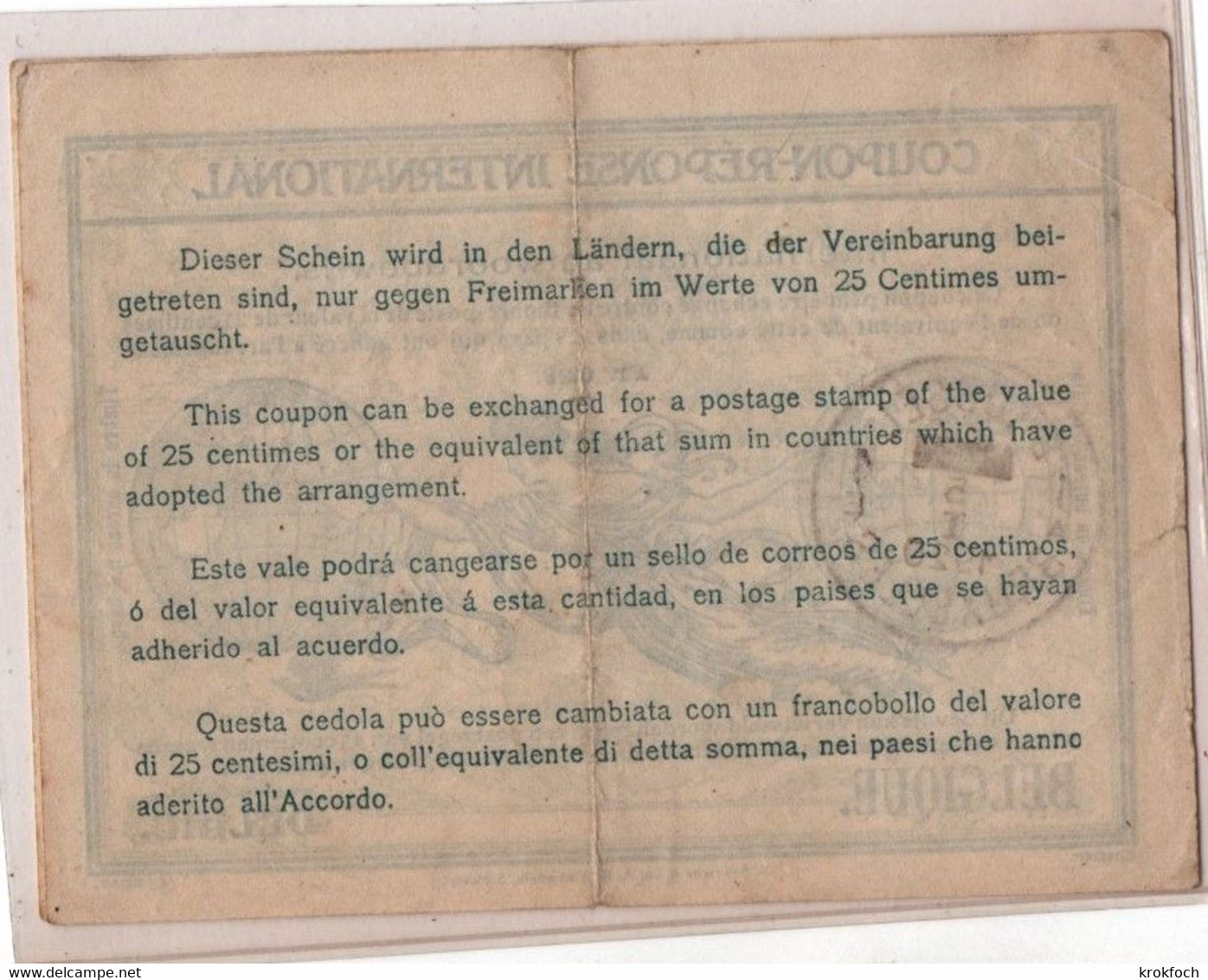 Coupon-réponse Type Rome Avec BELGIQUE BELGIE - Brussel 1920 - IRC CRI IAS - !! Trace De Pli - Coupons-réponse Internationaux