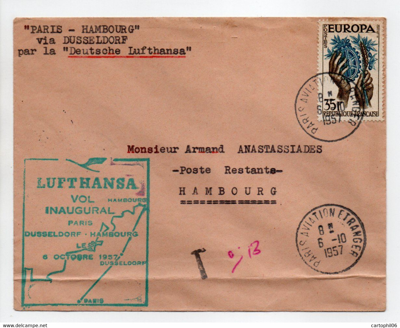 - VOL INAUGURAL PARIS - DUSSELDORF - HAMBOURG 6.10.1957 - LUFTHANSA - - Covers & Documents