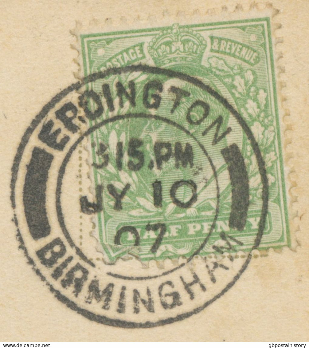 GB „ERDINGTON / BIRMINGHAM“ Superb Rare Double Cirlce (one Single Arc, 25mm, Code „3.15.PM“) On Very Fine Postcard - Lettres & Documents