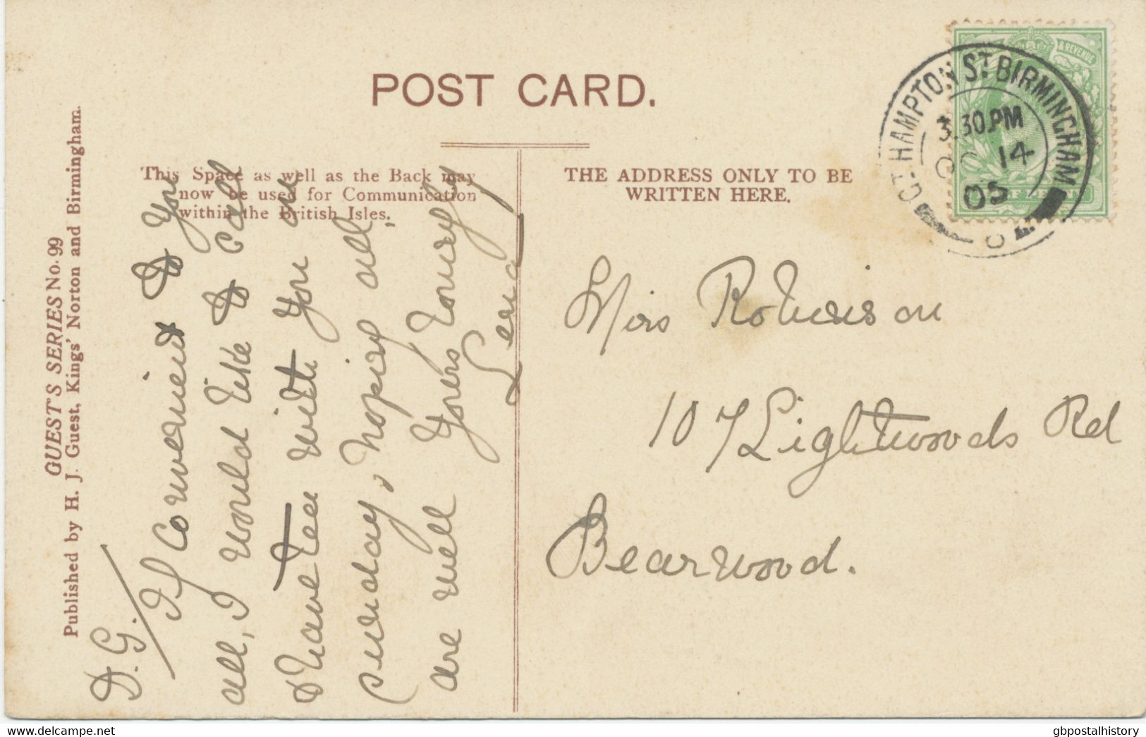 GB "Gt.HAMPTON.St. BIRMINGHAM / 6“ Superb Rare Double Cirlce (one Single Arc, 25mm, Code „3.30.PM“) On Superb Postcard - Lettres & Documents