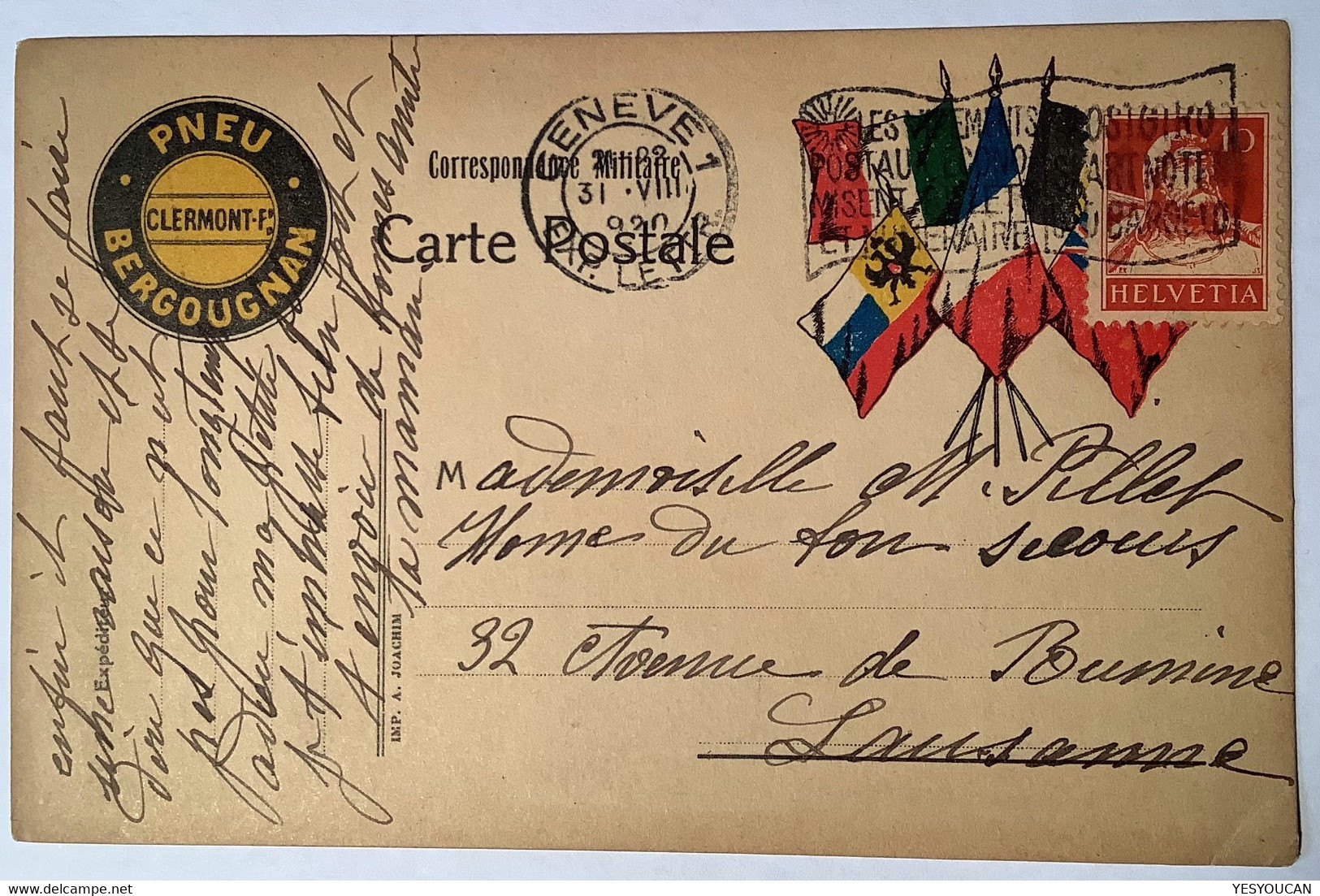 GENEVE1920 France Correspondance Militaire Aux Drapeaux PNEU BERGOUGNAN>Lausanne(Schweiz Tell Automobile C.p WW1 1914-18 - Briefe U. Dokumente