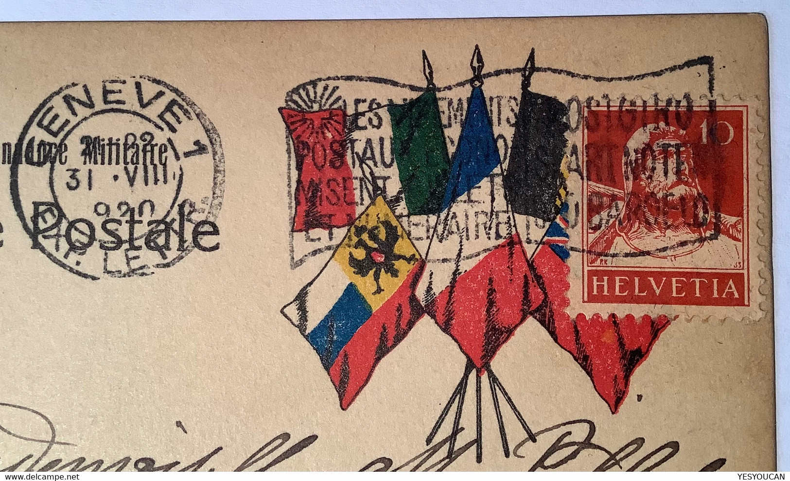 GENEVE1920 France Correspondance Militaire Aux Drapeaux PNEU BERGOUGNAN>Lausanne(Schweiz Tell Automobile C.p WW1 1914-18 - Lettres & Documents