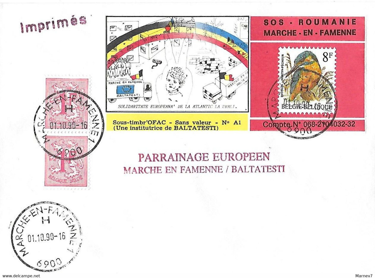 Yvert 2237 Porte-timbre Sur Lettre MARCHE En FAMENNE - Cad 01 10 90 - Vignette SOS Roumanie - De L'Atlantique à L'Oural - Briefe U. Dokumente