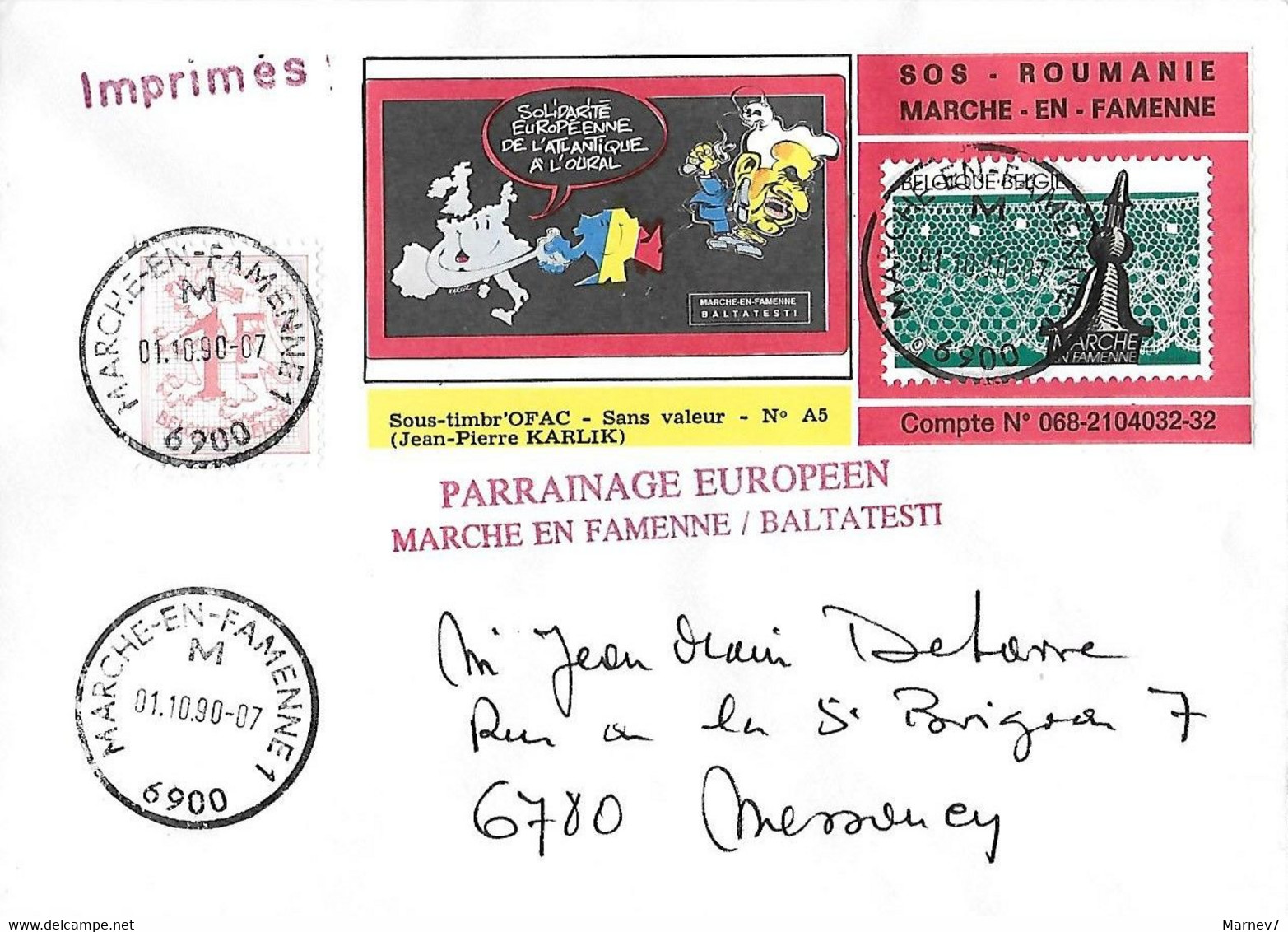 Yvert 2315 Porte-timbre Sur Lettre MARCHE En FAMENNE - Cad 01 10 90 - Vignette SOS Roumanie - De L'Atlantique à L'Oural - Lettres & Documents