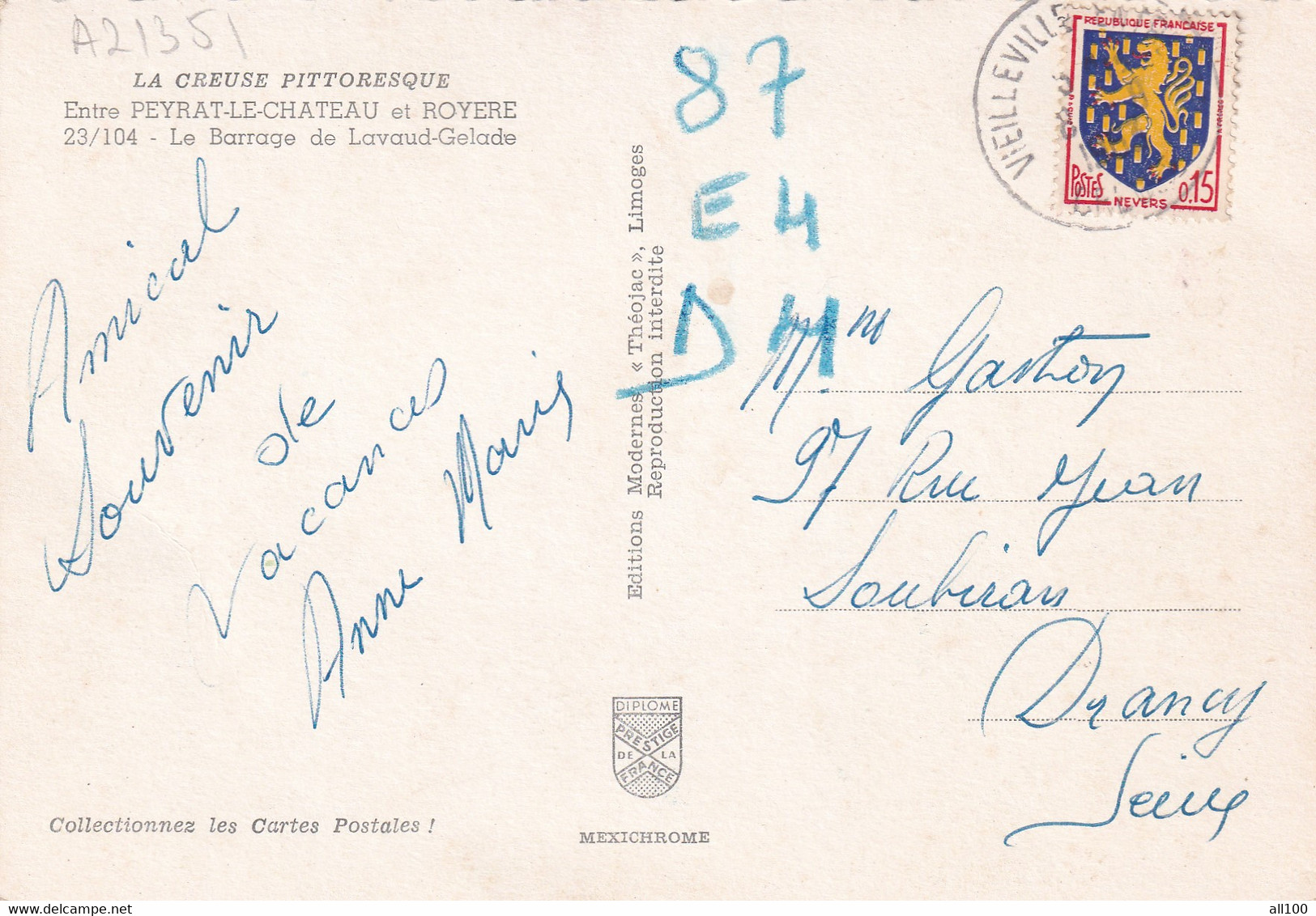 A21351 - ROYERE Entre Peyrat Le Chateau Le Barrage De Lavaud Gelade Creuse France Post Card Used Stamp Republique F - Royere