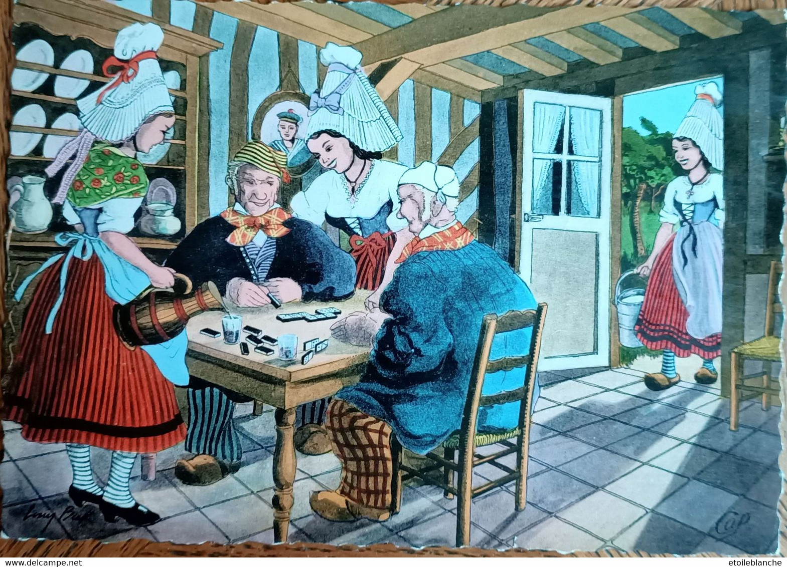 1954 - Jeu En Normandie, Joueurs De Dominos - Costumes Folklore, Hommes, Sabots Normands - Illustrateur Louis Buk - Regionale Spelen