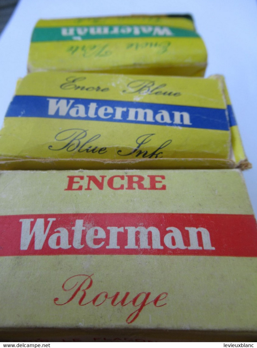 3 Bouteilles D'encre Waterman Anciennes Encore Majoritairement Emplies/Bleue-Rouge-Verte/JIF Paris/Vers1960-1970  CAH336 - Inkwells