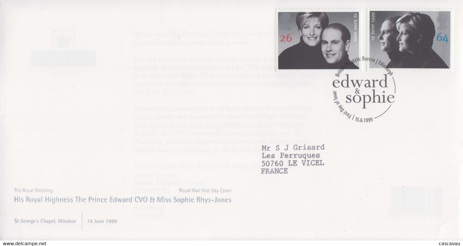 Enveloppe  FDC  1er  Jour   GRANDE  BRETAGNE   Mariage  Du  Prince  EDWARD   1999 - 1991-2000 Em. Décimales