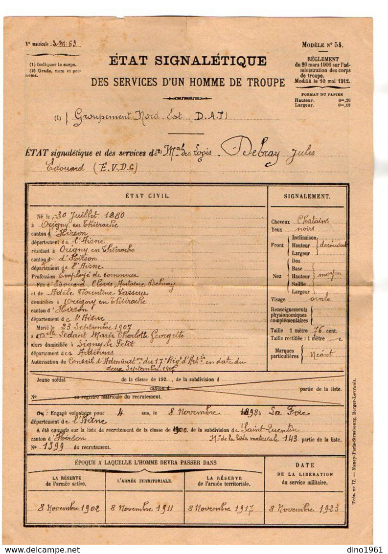 VP20.879 - MILITARIA - Etat Signalétique Des Services D'Un Homme De Troupe - Maréchal Des Logis DEBRAY Né à ORIGNY...... - Documents