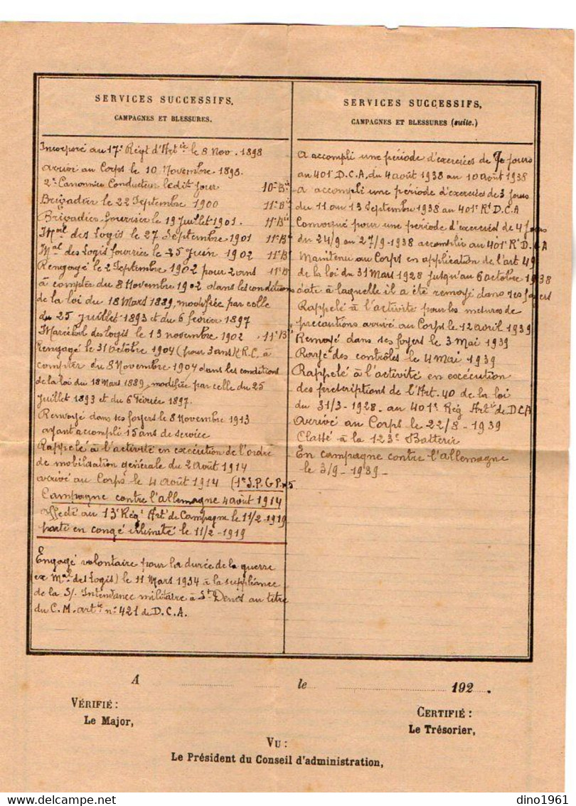 VP20.879 - MILITARIA - Etat Signalétique Des Services D'Un Homme De Troupe - Maréchal Des Logis DEBRAY Né à ORIGNY...... - Documentos