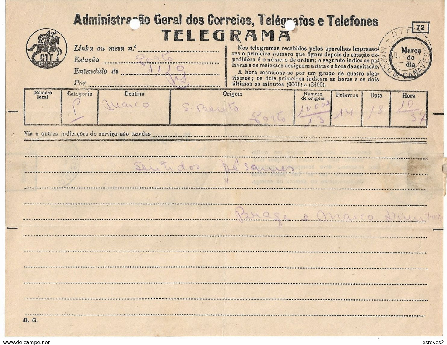 Portugal 1956 , Telegrama , Telegram From Porto To Marco De Canaveses - Storia Postale