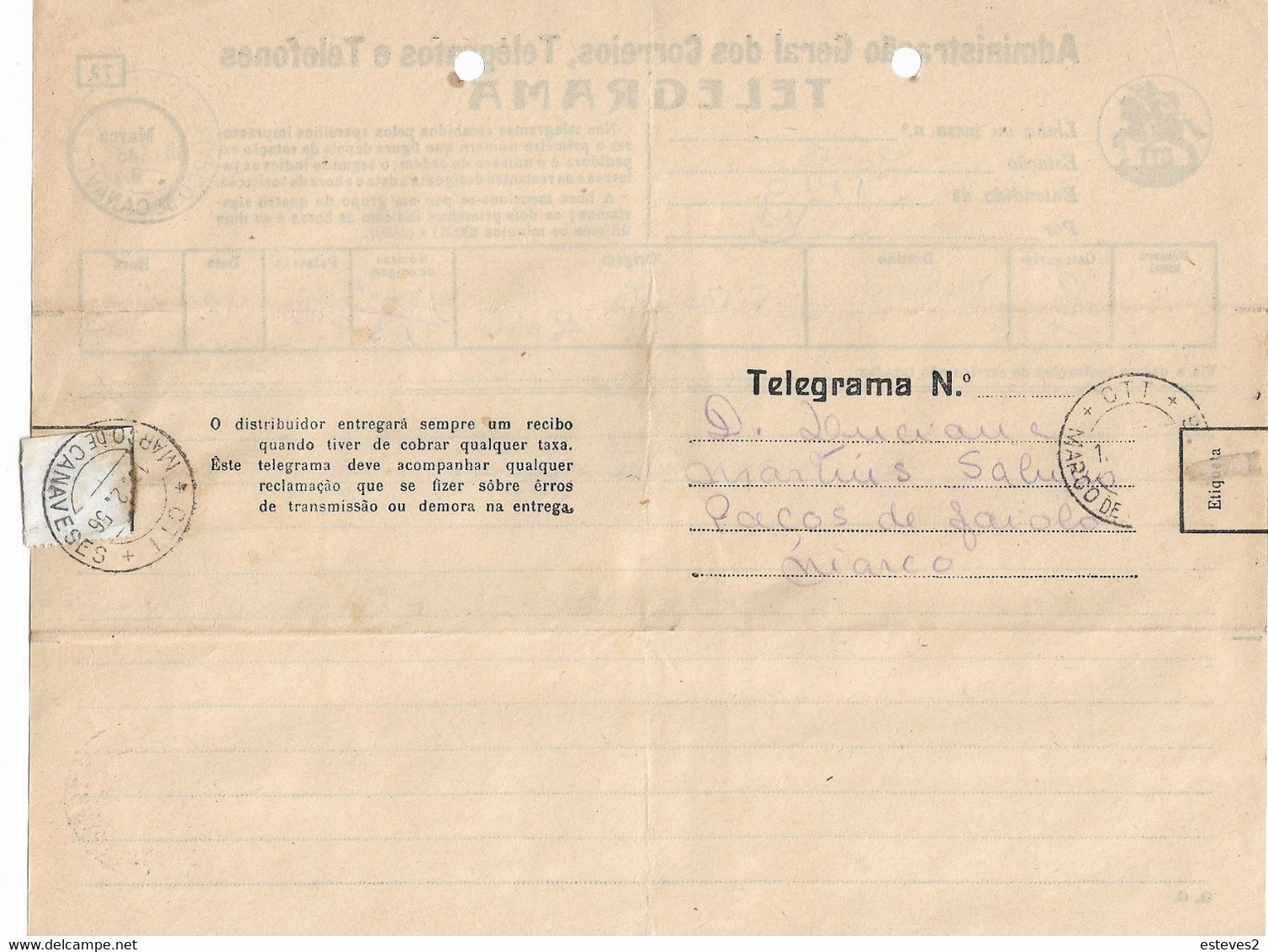 Portugal 1956 , Telegrama , Telegram From Porto To Marco De Canaveses - Brieven En Documenten