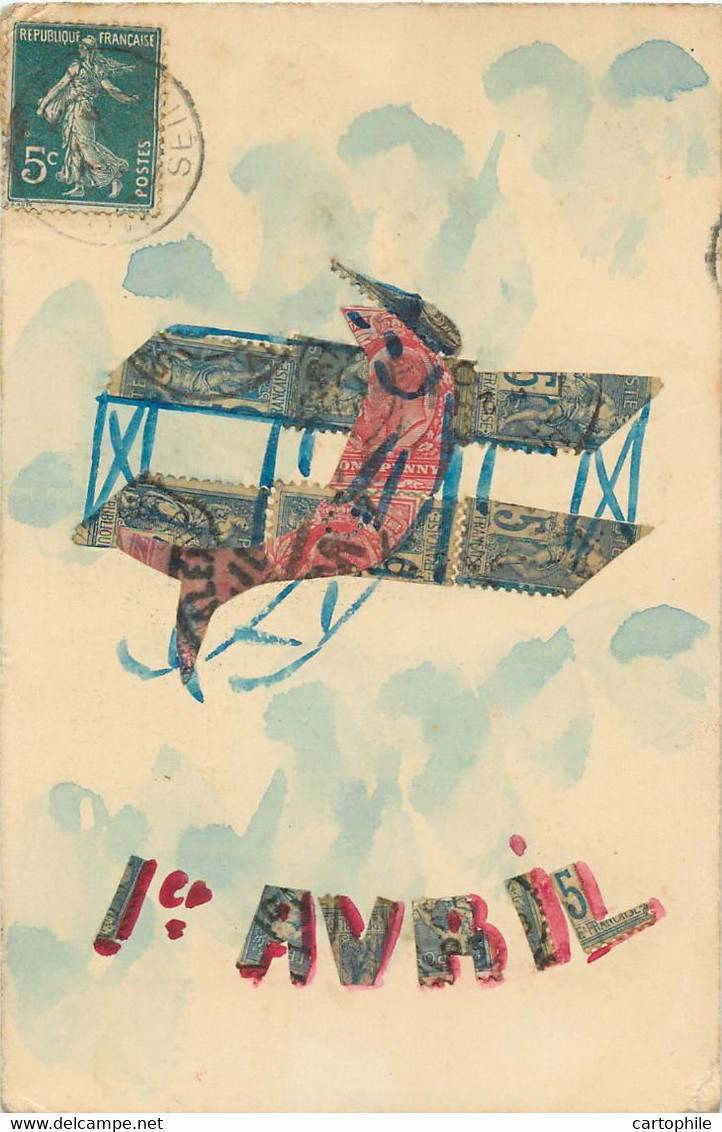 CPA Collage De Timbres - Aviation + Poisson D'Avril 1911 - Belle Composition - Briefmarken (Abbildungen)