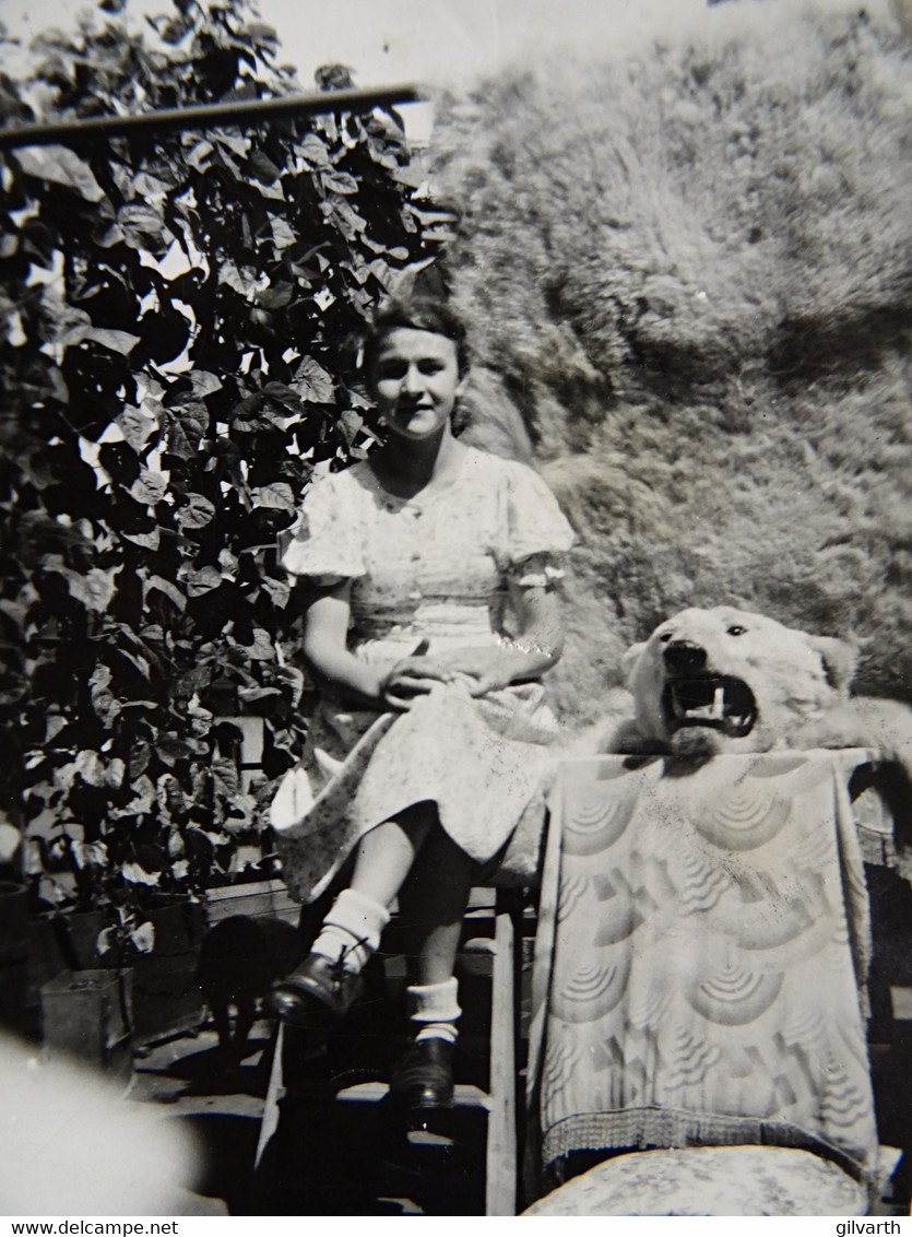 WW2 German Photo - Jeune Femme Posant Avec Une Peau D'ours Blanc, Identifié Et Svastika Au Dos,  6x9 Cms L617 - Oorlog, Militair