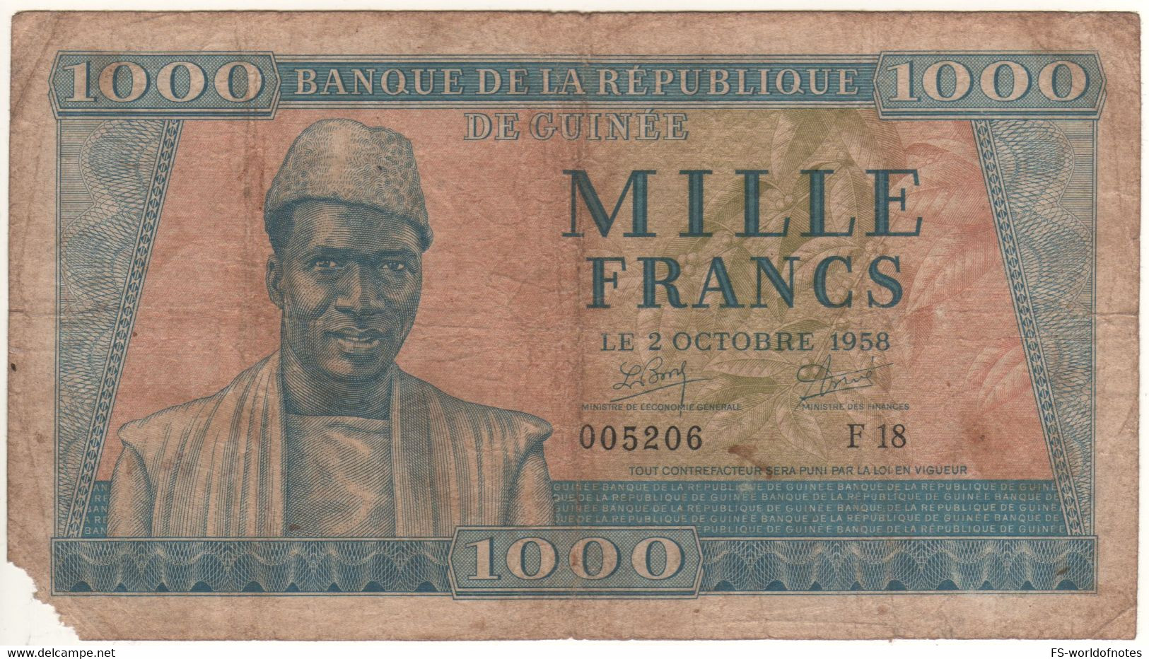 GUINEA 1'000 Francs P9   Dated  2 -10-1958   (President Touré At Front +  Fishermen At Back) - Guinée