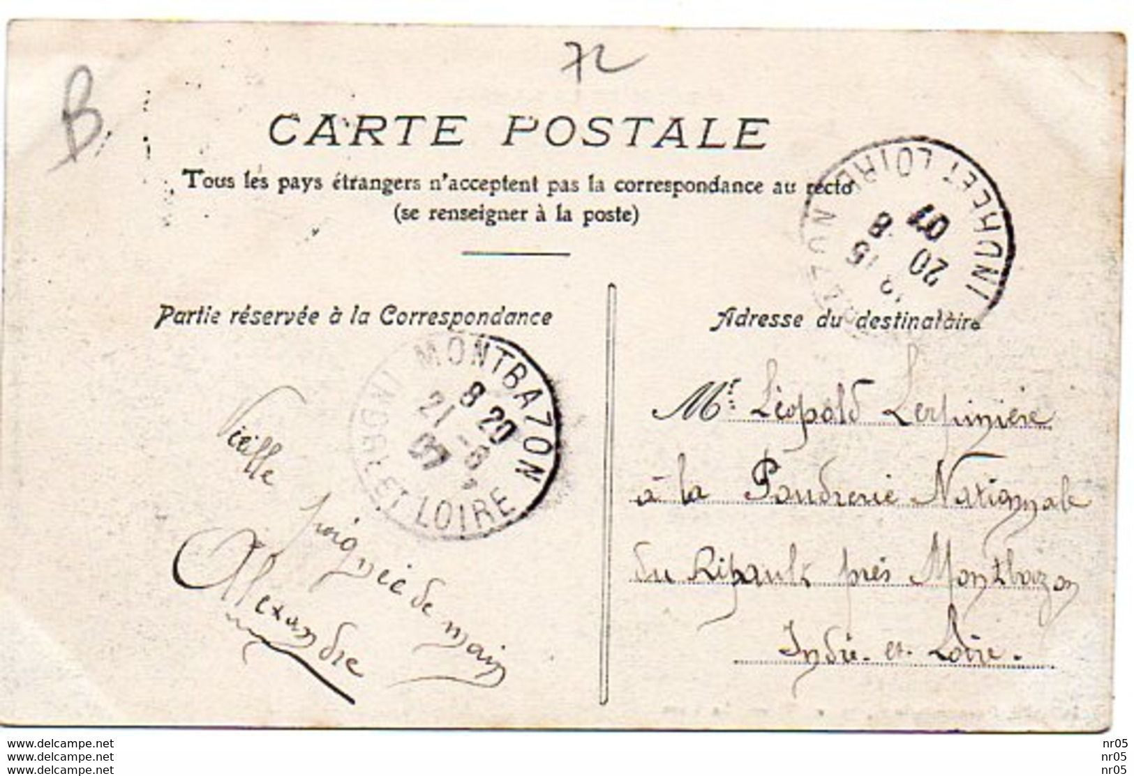 Carte Adressee A Poudrerie Nationale Du Ripault - Cachet Postal Montbazon 1907 CP Circuit De La Sarthe Bouloire - Brieven En Documenten