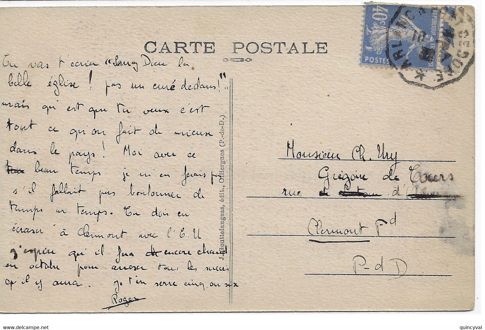 ARLANC à PONT DE DORE Carte Postale 40c Semeuse Bleu Bord De Feuille  Yv 237 Ob 1932 Ondulé Convoyeur - Posta Ferroviaria