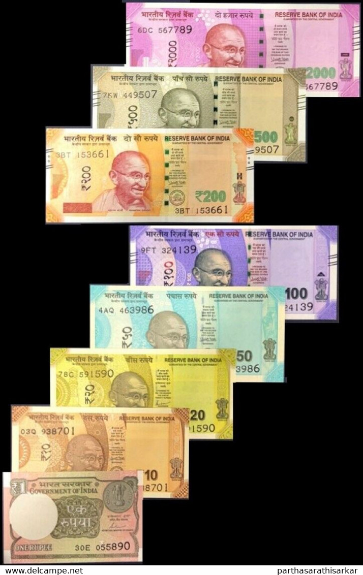 INDIA 8 PCS NEW BANKNOTES SET 1RS 10RS 20RS 50RS 100RS 200RS 500RS 2000RS RANDOM YEAR UNC NEW NOTES (TOTAL 2881 RUPEES) - Inde