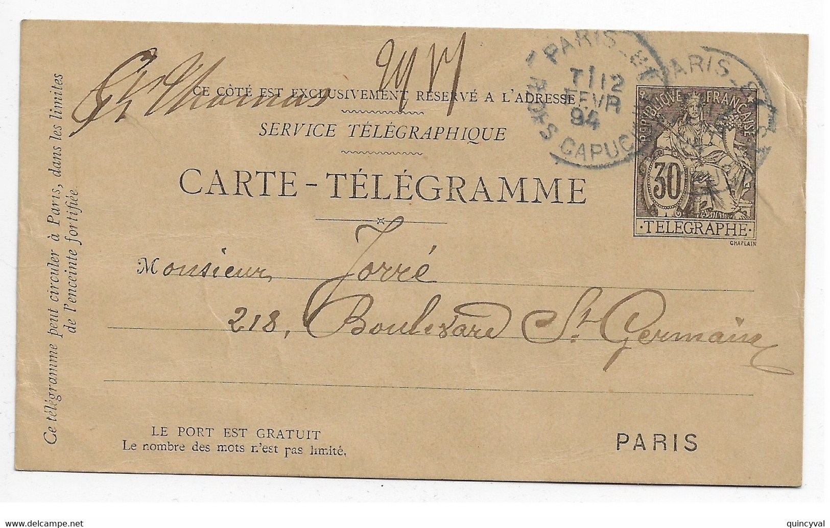 PARIS 81 R Des Capucines Carte Postale Pneumatique 30c Chaplain Noir Ob 1894 Type 1884 Yv 2511 - Pneumatici