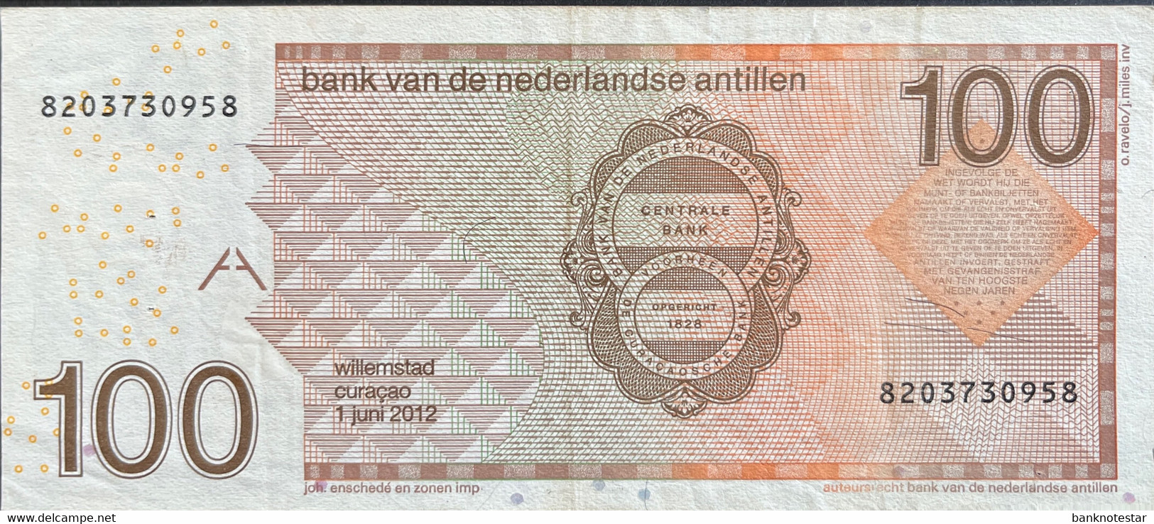 Netherland Antilles 100 Gulden, P-31f (01.06.2012) - Very Fine - Antilles Néerlandaises (...-1986)