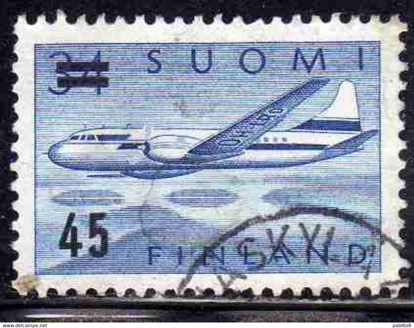 SUOMI FINLAND FINLANDIA FINLANDE 1959 SURCHARGED AIR POST MAIL AIRMAIL CONVAIR OVER LAKES 45 On 34m USED USATO OBLITERE' - Used Stamps