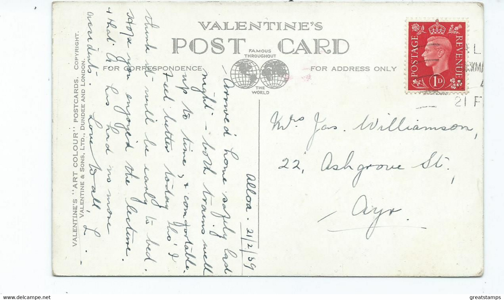 Scotland Postcard  Aberdeen Bridge Of Don Valentine's Posted 1939 - Aberdeenshire