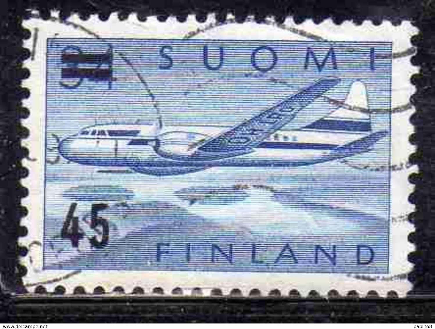 SUOMI FINLAND FINLANDIA FINLANDE 1959 SURCHARGED AIR POST MAIL AIRMAIL CONVAIR OVER LAKES 45 On 34m USED USATO OBLITERE' - Gebraucht