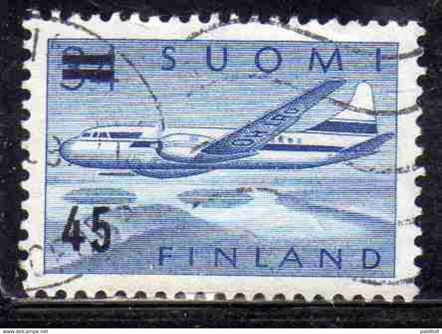 SUOMI FINLAND FINLANDIA FINLANDE 1959 SURCHARGED AIR POST MAIL AIRMAIL CONVAIR OVER LAKES 45 On 34m USED USATO OBLITERE' - Used Stamps