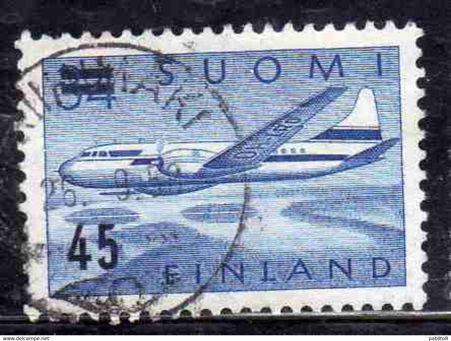 SUOMI FINLAND FINLANDIA FINLANDE 1959 SURCHARGED AIR POST MAIL AIRMAIL CONVAIR OVER LAKES 45 On 34m USED USATO OBLITERE' - Oblitérés