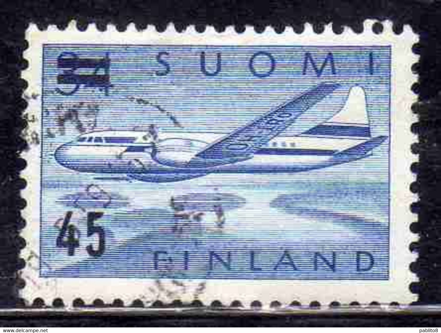 SUOMI FINLAND FINLANDIA FINLANDE 1959 SURCHARGED AIR POST MAIL AIRMAIL CONVAIR OVER LAKES 45 On 34m USED USATO OBLITERE' - Gebraucht