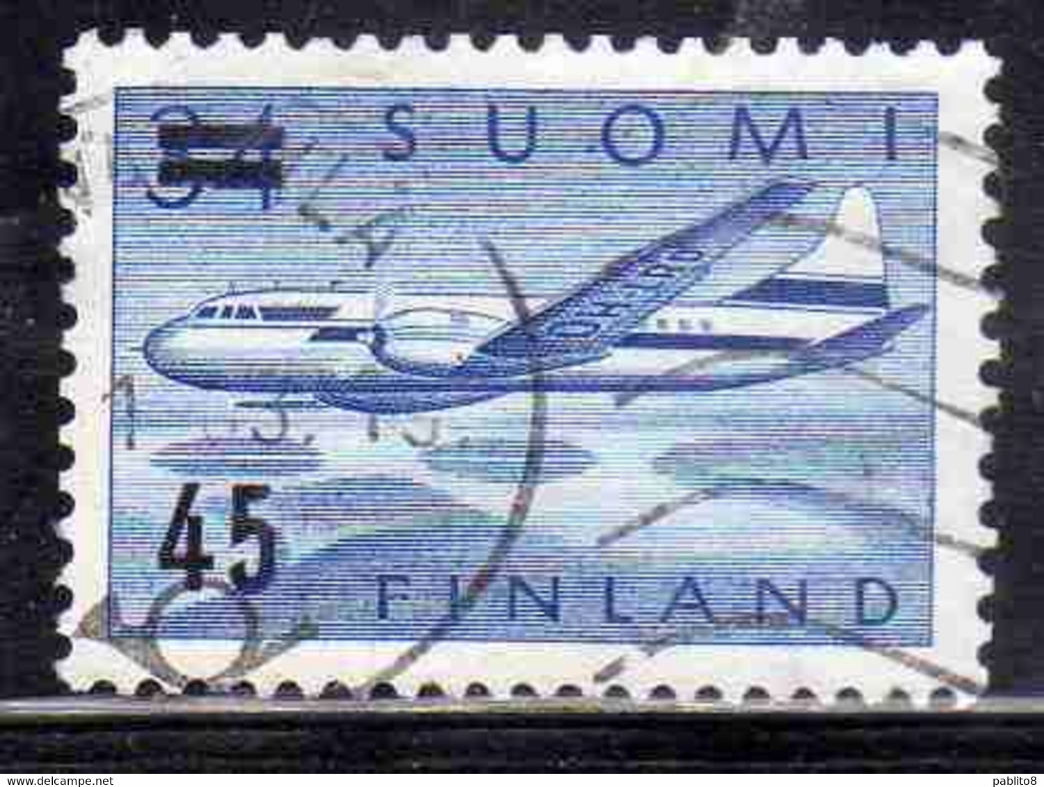 SUOMI FINLAND FINLANDIA FINLANDE 1959 SURCHARGED AIR POST MAIL AIRMAIL CONVAIR OVER LAKES 45 On 34m USED USATO OBLITERE' - Used Stamps